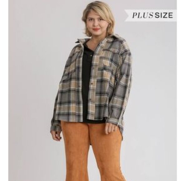 Umgee Oversized Black Brown Cream Plaid Shacket Fall Boho Women's Plus Size 1XL - Picture 1 of 16